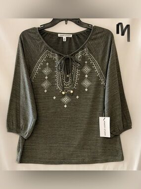 Knapp Studio Grey Embroidered Tie-Neck Tunic Top